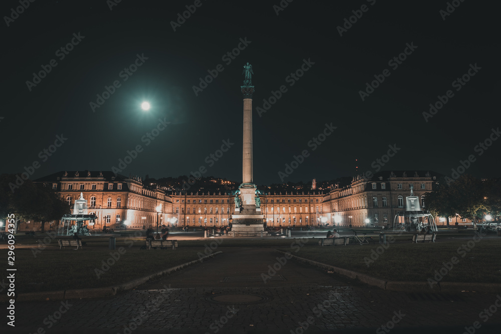 Full moon over castle Stuttgart night photography, photographed from castle square