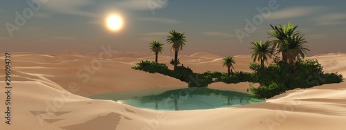 A beautiful oasis in the sandy desert at sunset. 3d rendering.
