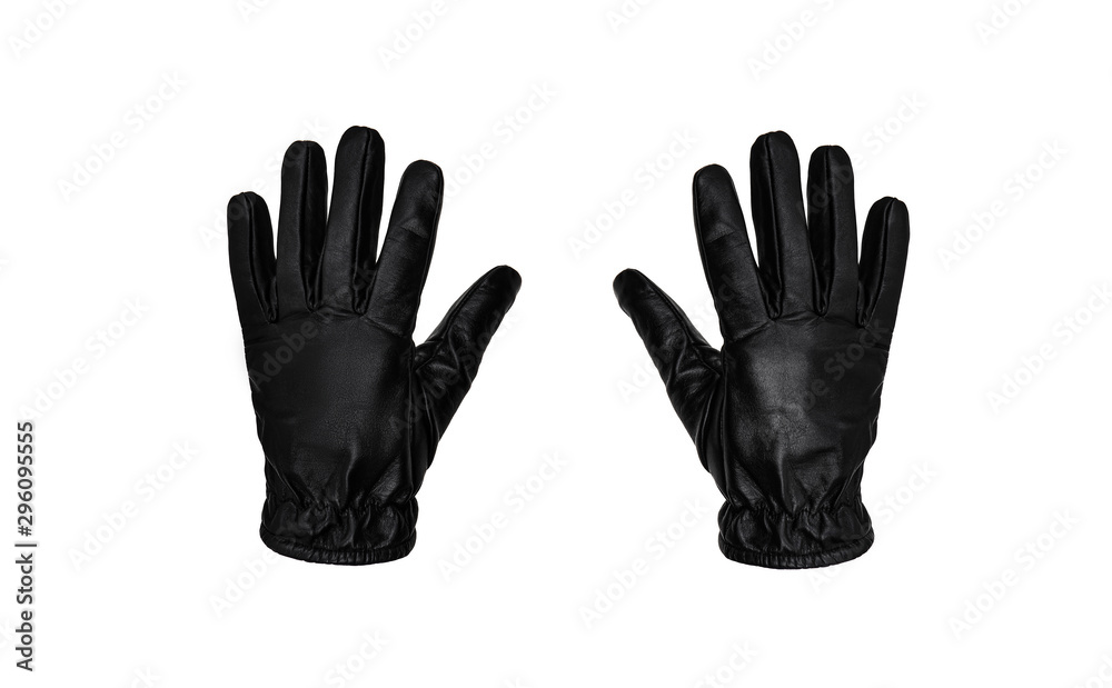 Black leather glove isolate on a white background. Black glove - keep/get gesture. - obrazy, fototapety, plakaty 