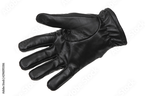 Black leather glove isolate on a white background. Black glove - keep/get gesture.