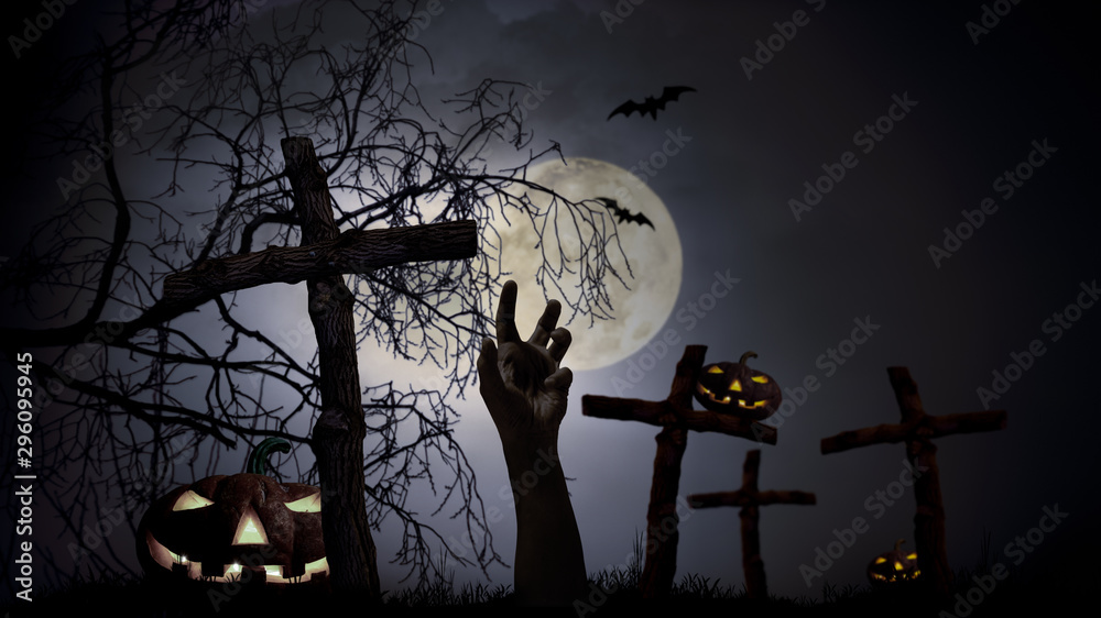 Halloween concept ofwooden cross on graveyard
