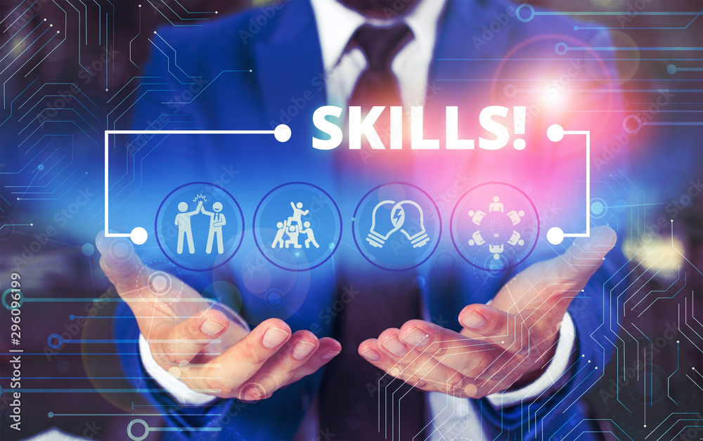 Handwriting text Skills. Conceptual photo ability do something very well by nature Male human wear formal work suit presenting presentation using smart device Handwriting text Skills. Conceptual photo ability do something very well by nature Male human wear formal work suit presenting presentation using smart device