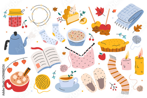 Hygge autumn set, collection of hand drawn clip arts of seasonal indoor activities, vector illustrations. Sybmols of cozy home and comfort, food, utensils, clothes, accessories. sticker pack