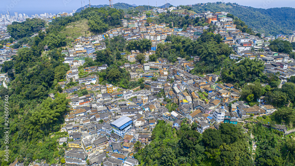 Aerial view of slum in the city of Santos city, Brazil.