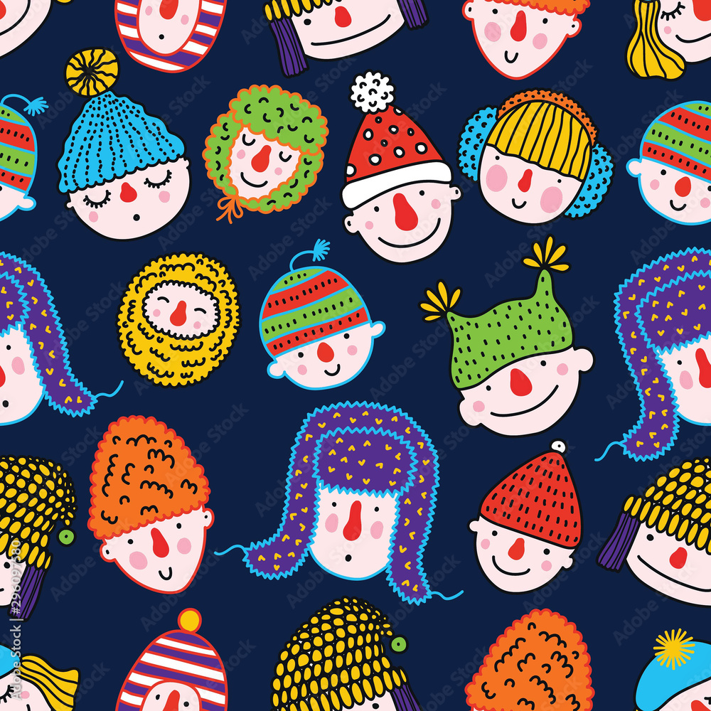 Funny vector seamless pattern with faces of people in winter hats. Funny vector seamless pattern with faces of people in winter hats.