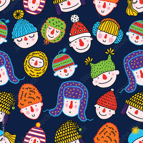 Funny vector seamless pattern with faces of people in winter hats.