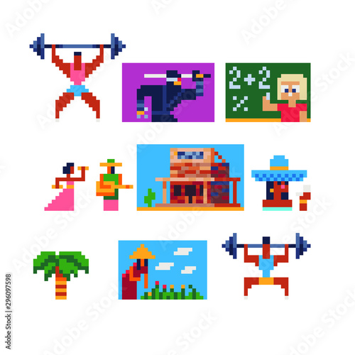 Pixel art set, ninja, palm, athlete holds barbell, saloon, vietnamese woman, mexican couple, isolated vector illustration, design for logo, sticker, mobile app. Game assets 8-bit sprite. © thepolovinkin