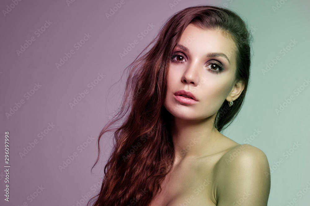 beauty portrait of attractive young woman, beautiful lips and makeup. natural beauty, facial care, clean skin,