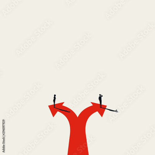 Different direction and opinion business vector concept with businessman and businesswoman on opposite sides. Symbol of conflict, strategy, planning, negotiation, solution.
