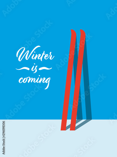 Winter holiday vector card template with skis against the wall. Skiing flyer, minimalist art design.