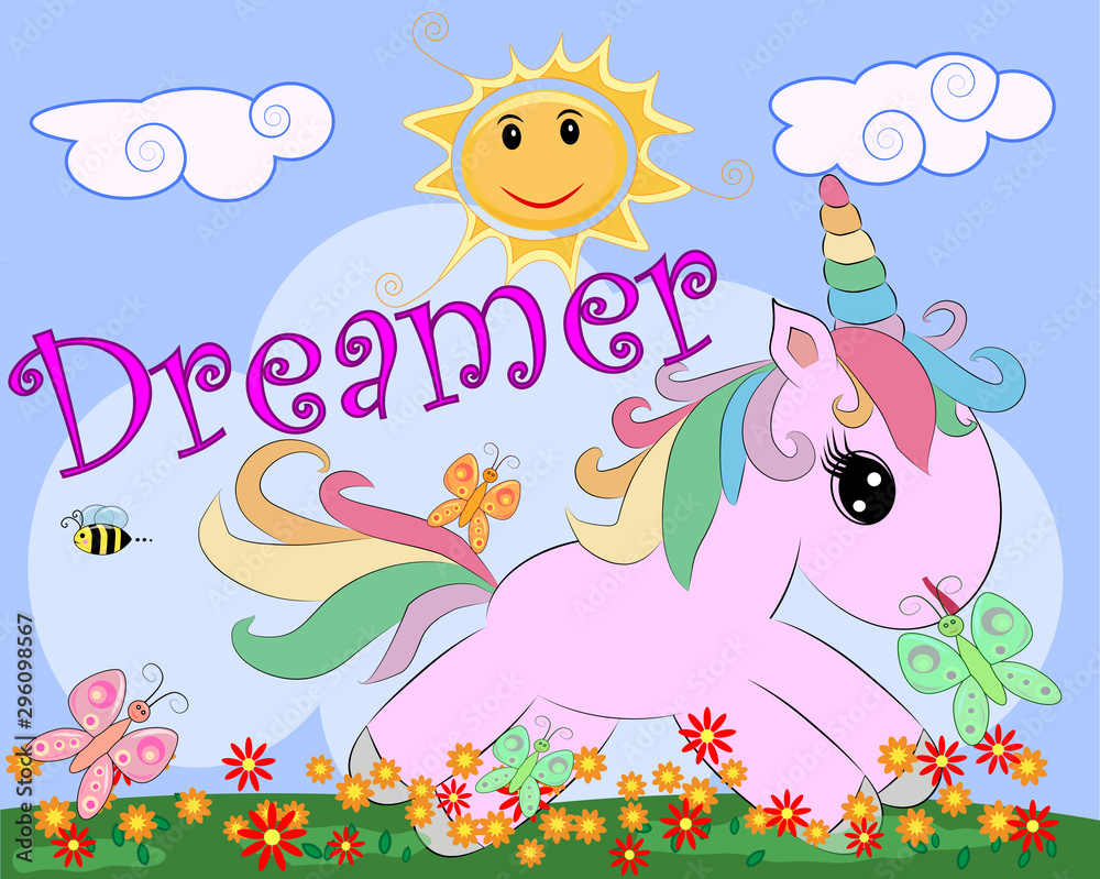 Fototapeta Pink unicorn on a meadow with flowers, rainbow, sun. Child illustration, fairy-tale character, dreamer