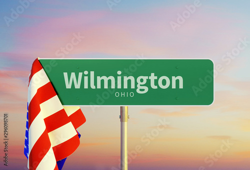 Wilmington – Ohio. Road or Town Sign. Flag of the united states. Sunset oder Sunrise Sky. 3d rendering photo