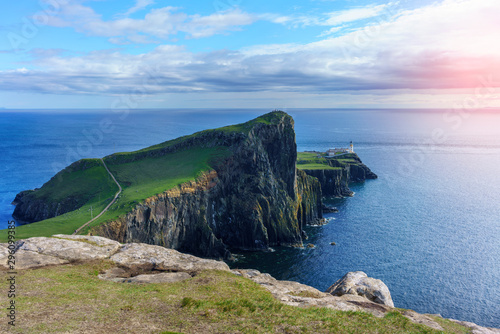 The famous Neist Point Lighthouse is situated in the West Coast of Skye in the area known as Durinish , Isle of Skye , Scotland