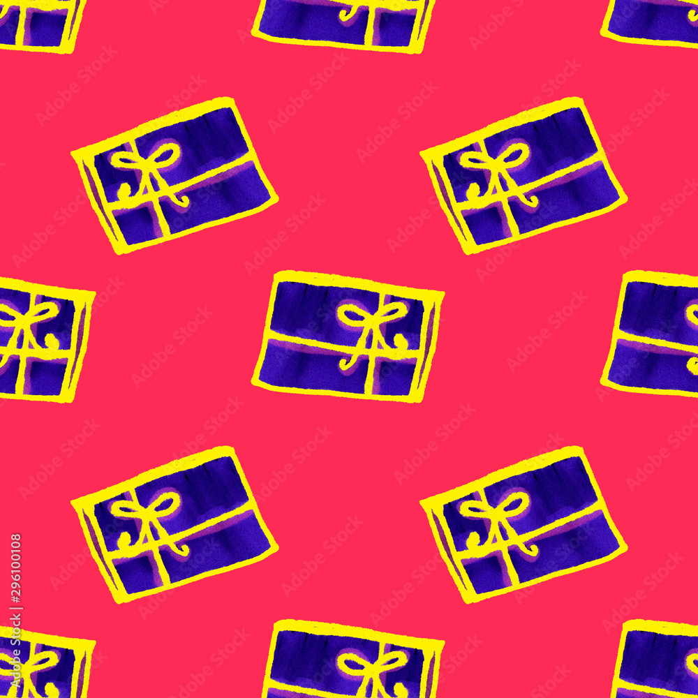 Seamless Christmas pattern of boxes with gifts. Colorful elements are drawn by hand markers. Blue gift with a yellow outline, ribbon and bow on a pink background.