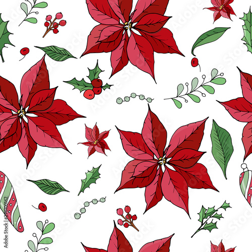 Christmas Winter Poinsettia Flowers Seamless Background. Hand drawn doodle style Floral Pattern in vector