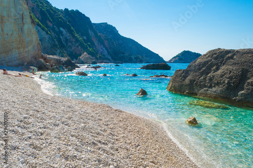 Beautiful turquoise crystal clear waters in Petani beach in Kefalonia, Greece © Haris Andronos