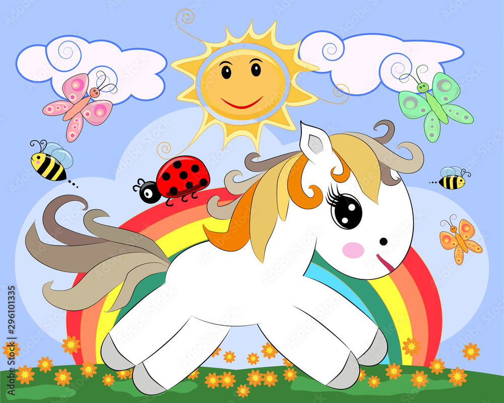 Fototapeta White pony in a clearing with flowers, rainbow, sun. Child illustration, fairy-tale character, dreamer