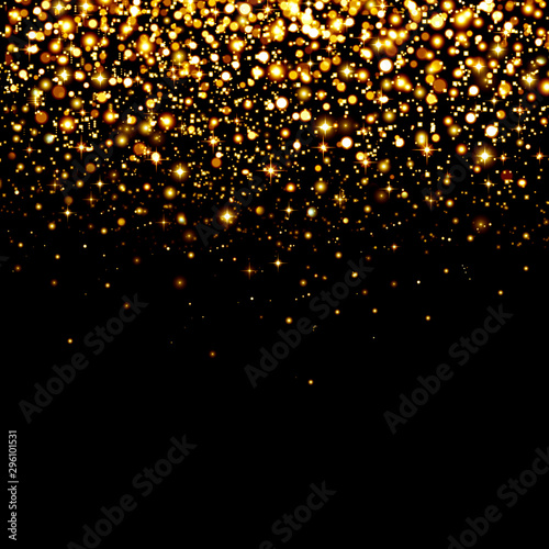 Gold glitter on black background, lights, bokeh, glow, yellow, holiday, party, night