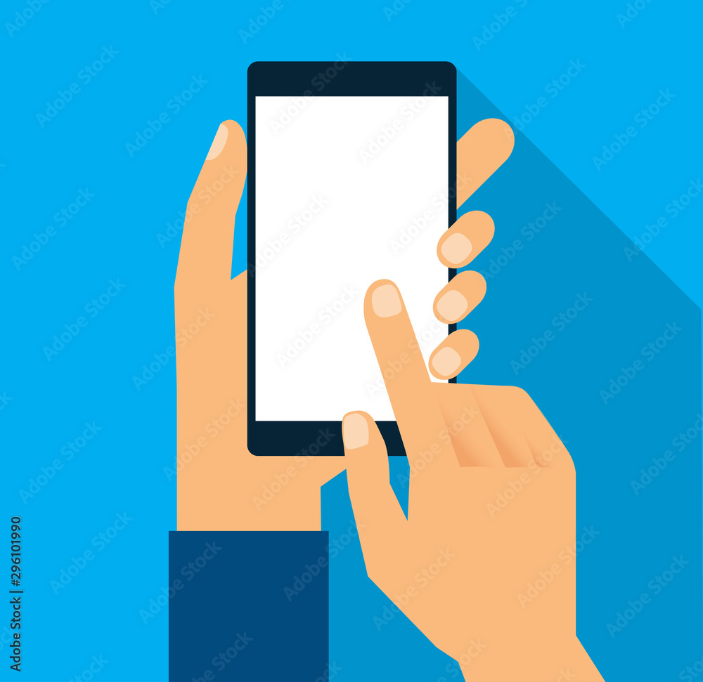 Hand holding black smartphone, touching blank white screen. Using mobile smart phone, flat design concept. Eps 10 vector illustration