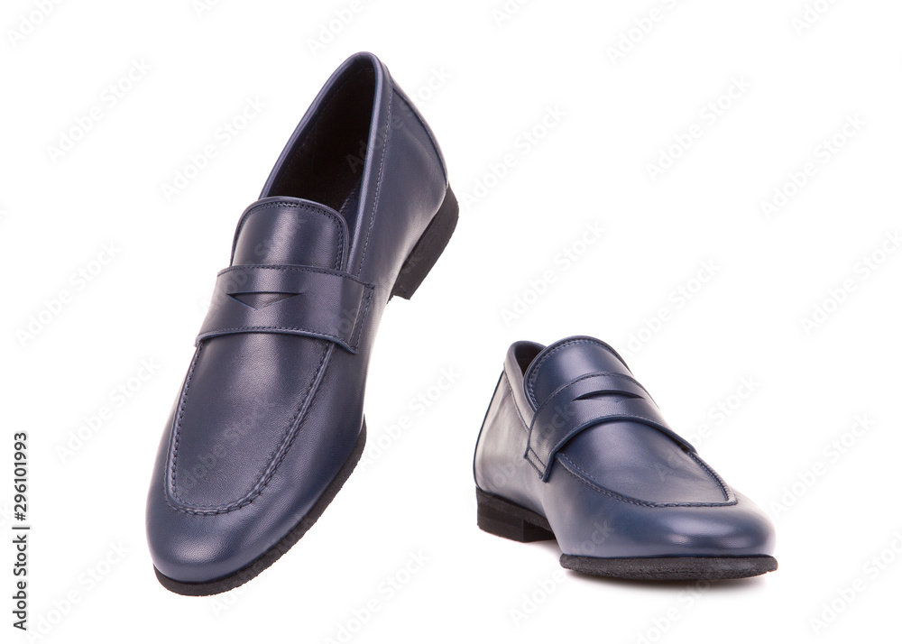Blue male loafers isolate on a white background. Blue male loafers isolate on a white background. Walking pair of shoes. Blue male loafers isolate on a white background. Blue male loafers isolate on a white background. Walking pair of shoes.