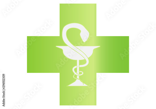 Cruz verde con logo de una farmacia. 