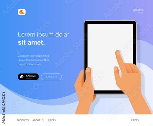 Businessman hold tablet and pointing on the screen. Banner design, website, poster design for print or web, media, promotional material. Vector brochure, flyer template, magazine cover, vector eps10