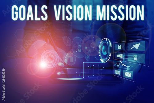 Text sign showing Goals Vision Mission. Business photo showcasing practical planning process used to help community group Woman wear formal work suit presenting presentation using smart device © Artur