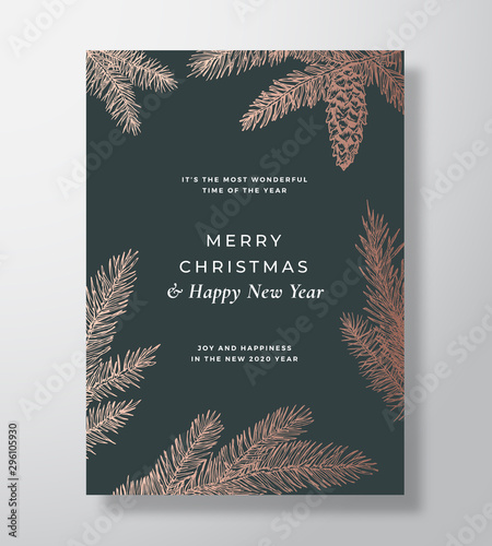 Merry Christmas Abstract Vector Greeting Card, Poster or Holiday Invitation. Gold Gradient Background Sketches and Typography. Fir-needles with Strobile Drawing and Soft Shadows.