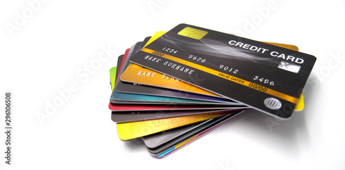 mockup credit card, the popular payment method with plastic and chipcard card close up shot and isolated on white background