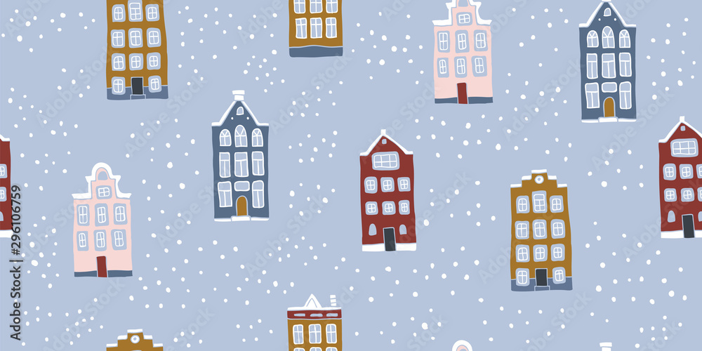 Seamless pattern, hand drawn scandinavian houses