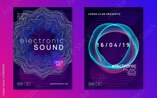 Music poster. Dynamic fluid shape and line. Energy concert cover set. Neon music poster. Electro dance dj. Electronic sound fest. Club event flyer. Techno trance party.