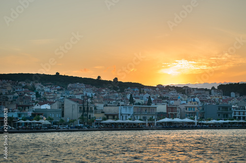 Sunset view of Argostoli city in Kefalonia Greece. View of the port and the traditional houses