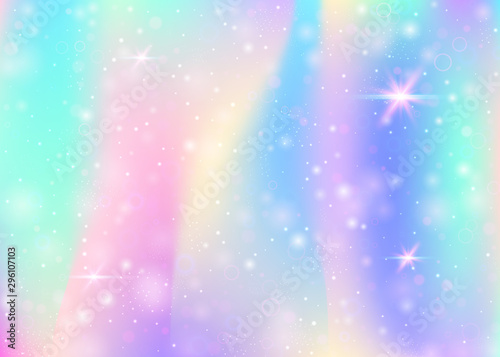Unicorn background with rainbow mesh. Liquid universe banner in princess colors. Fantasy gradient backdrop with hologram. Holographic unicorn background with magic sparkles, stars and blurs.