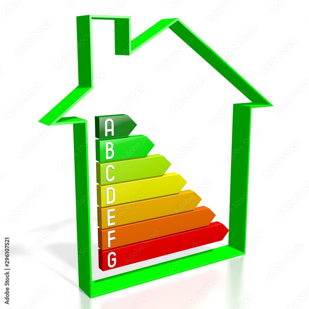 3D energy efficiency chart - house shape - A, B, C, D, E, F, G 3D energy efficiency chart - house shape - A, B, C, D, E, F, G