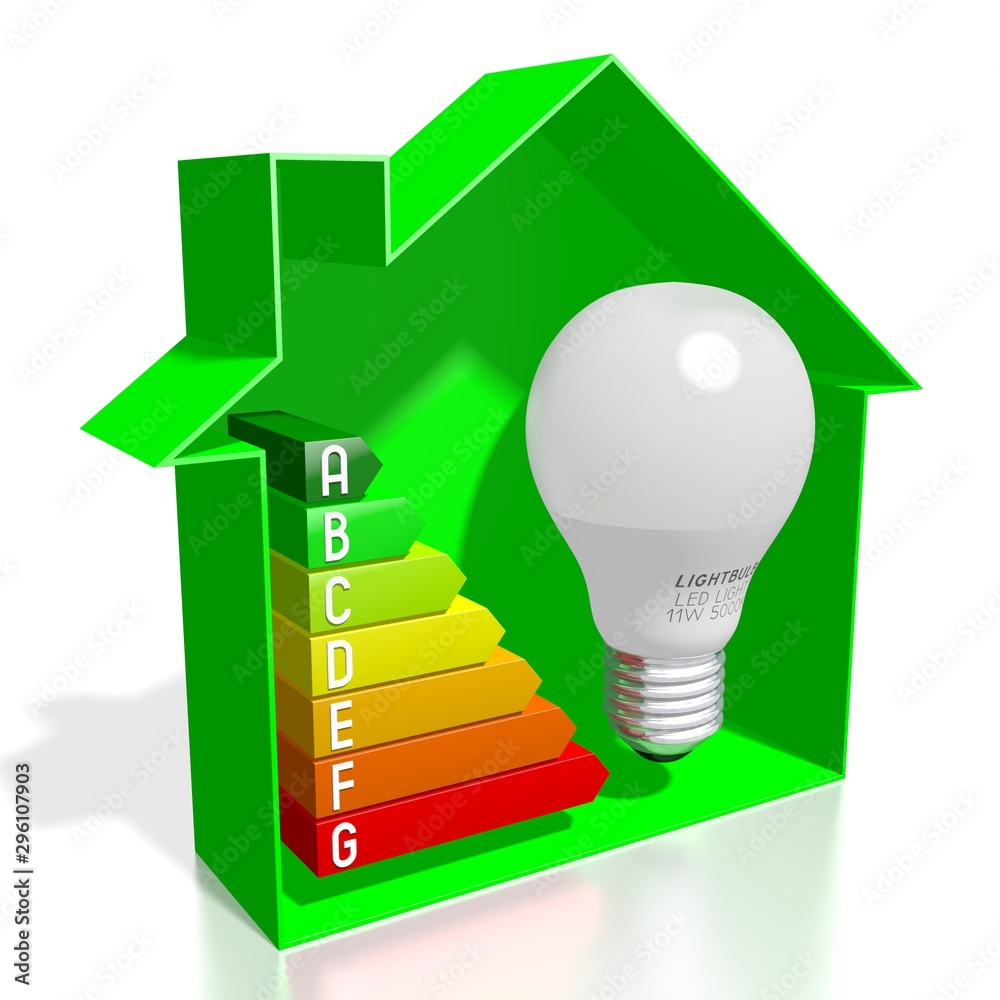 3D energy efficiency chart - house shape, light bulb - A, B, C, D, E, F, G 3D energy efficiency chart - house shape, light bulb - A, B, C, D, E, F, G