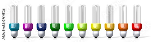 3D energy efficiency chart - light bulbs - A+++, A++, A+, A, B, C, D, E, F, G