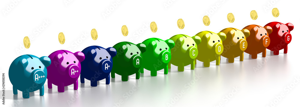 Naklejka premium 3D energy efficiency chart - piggy banks - A+++, A++, A+, A, B, C, D, E, F, G
