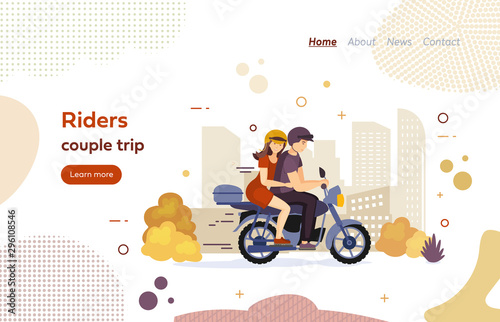Riders couple trip on motorbike website landing page. Lovers couple together riding motorcycle. Traveling men, women in helmets on a motorcycle in autumn, active lifestyle, urban transportation vector