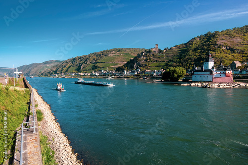 Autumn on the Rhine river with views of Pfalzgrafenstein and Gutenfels castles, near town Kaub