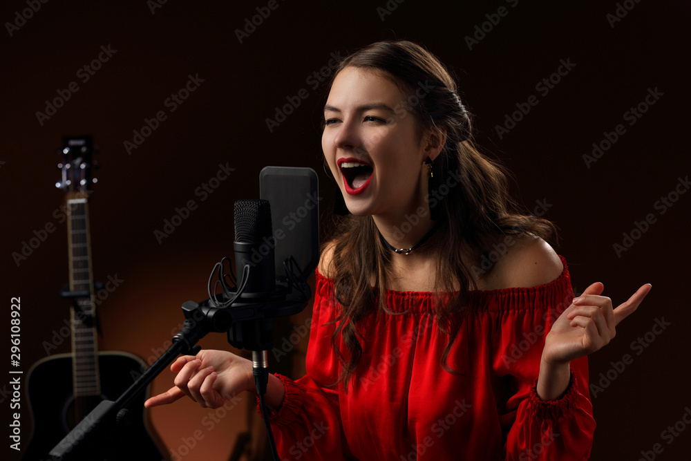 Singer in front of the microphone during the performance of the song Singer in front of the microphone during the performance of the song