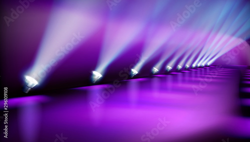 Light show on the stage. Empty place for exposition. Fashion runway. Vector illustration.