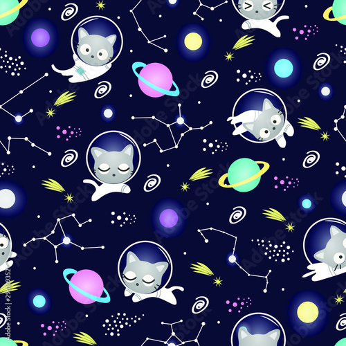 Seamless Pattern Kawaii Cute Cat Astronaut in Space, Cartoon Animals Background, Vector Illustration.  Design for kids