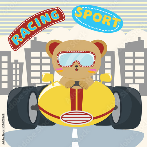 Little bear boy driving blue car. Vector illustration.