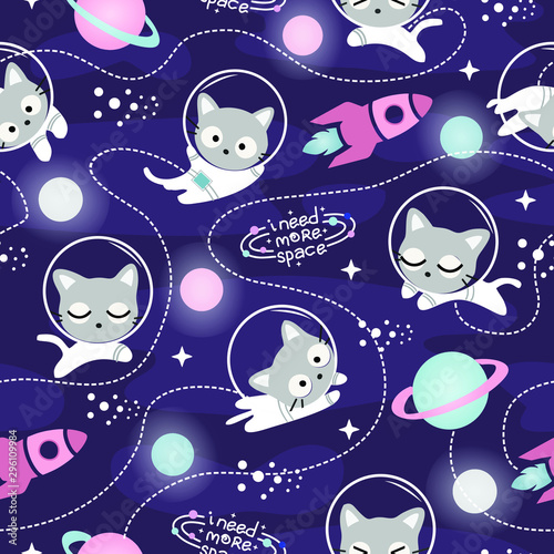 Seamless Pattern Kawaii Cute Cat Astronaut in Space, Cartoon Animals Background, Vector Illustration.  Design for kids