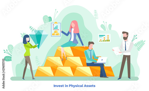 Invest in physical assets, precious and diamond savings. Man and woman consulting and accounting, financial technology, company income, graph report vector