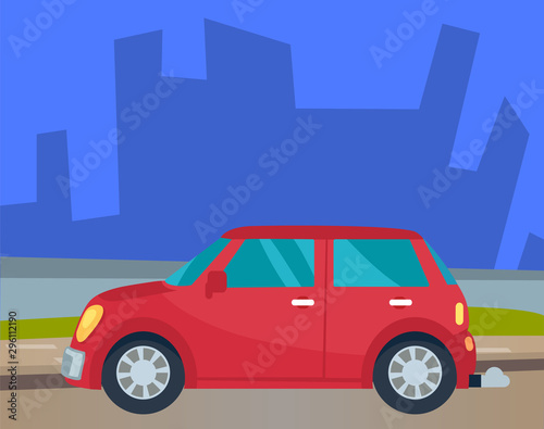 Fototapeta Naklejka Na Ścianę i Meble -  Red car on the road in urban landscape. Personal automobile riding down street with huge buildings and skyscrapers on background, vehicle and cityscape vector