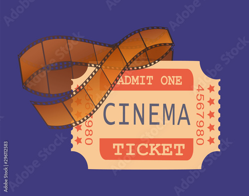Entertainment and relaxation at cinema hall vector, ticket with text and shot, tape with record. Admission access to watch movie, piece of paper set