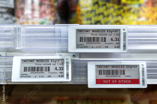 Smart retail digital store technology concept.Electronic Shelf Label(ESL) led for automatically updated displaying product pricing on shelves for retail business. Price is change from control service. photo