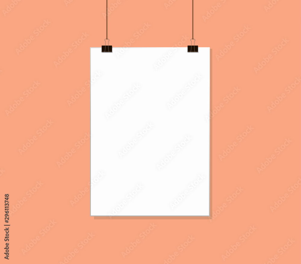 White poster mock up hanging on rope with paper clips near Pink peach color wall. Blank Canvas Mockup design template. White poster mock up hanging on rope with paper clips near Pink peach color wall. Blank Canvas Mockup design template.