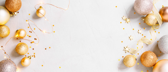 Christmas festive banner with golden christmas decoranion and lights